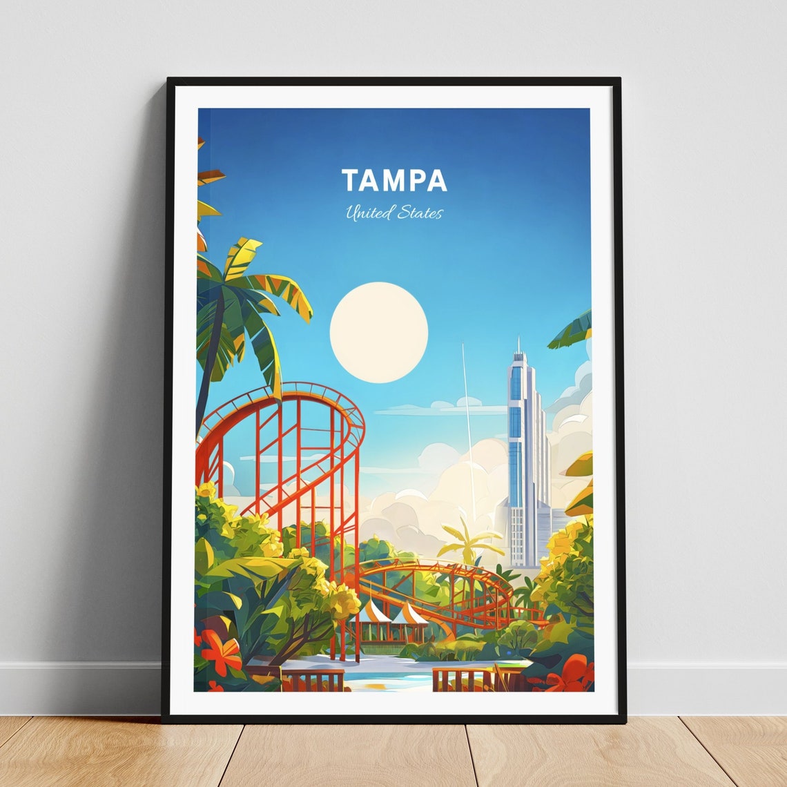 Tampa Florida Roller Coaster Amusement Park Sunny Day Travel Poster
