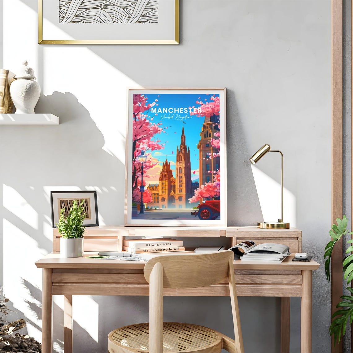 Manchester Gothic Hall Pink Blossom Vintage Car Spring Travel Poster - Image 4