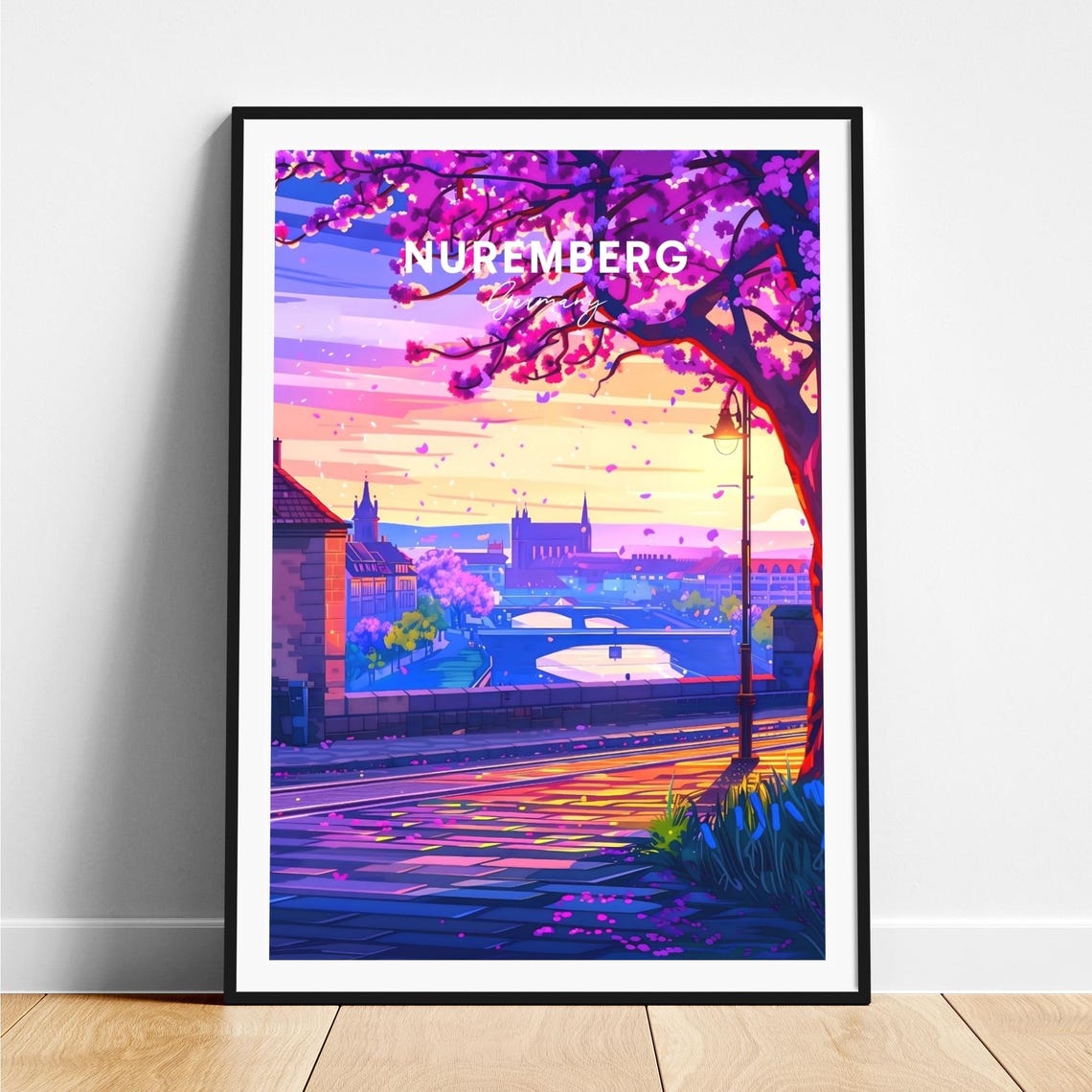 Nuremberg Germany Sunset Promenade Pink Blossom View Art Poster