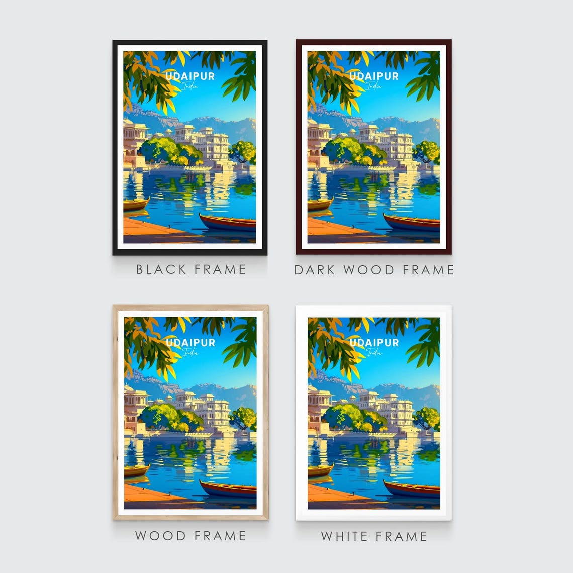 Udaipur India Lakeside Palace Reflections with Wooden Boats Poster - Image 3