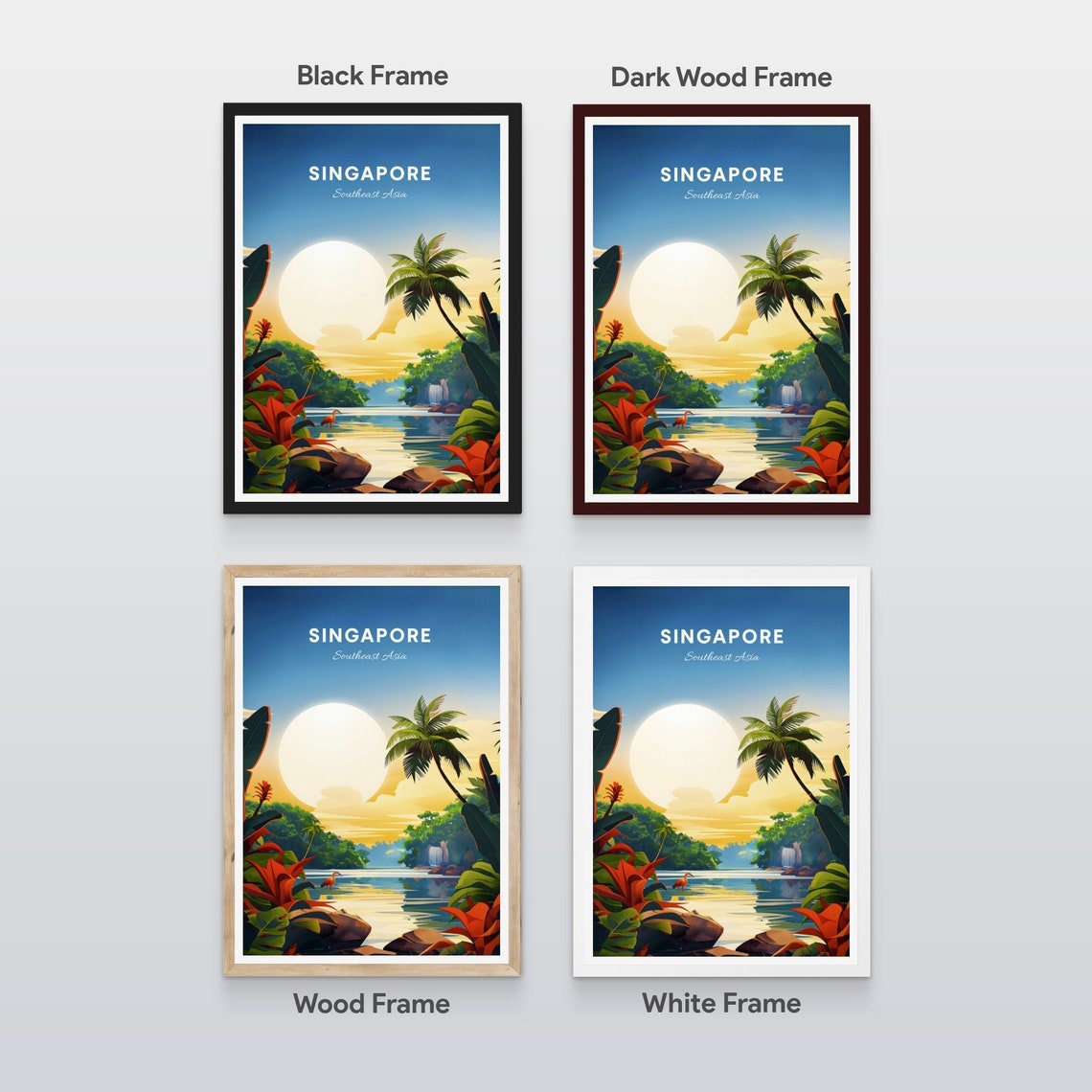 Singapore Tropical River Waterfall Palm Trees Sunset Travel Poster - Image 2