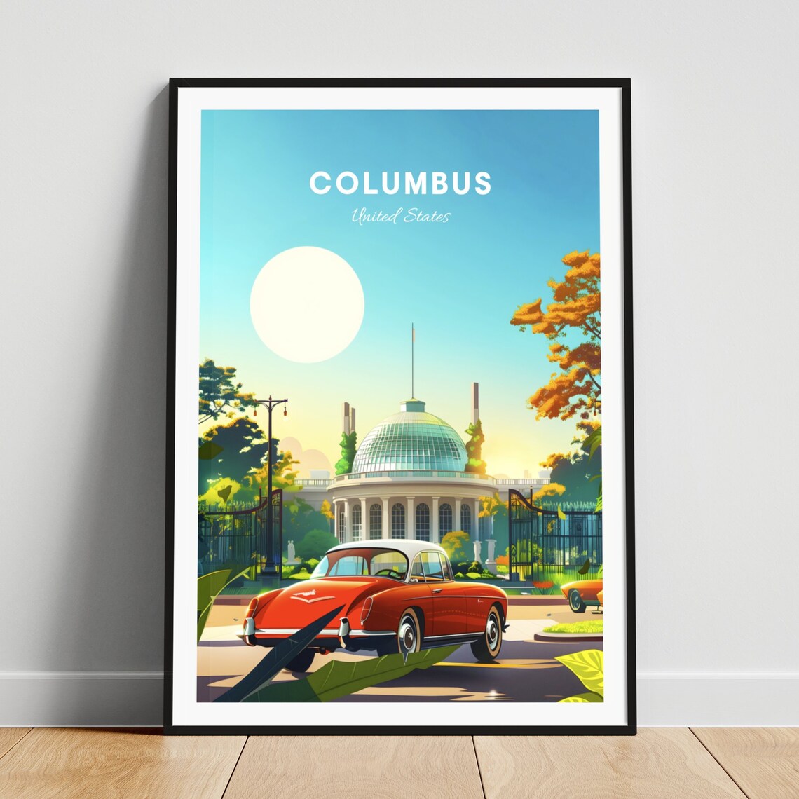 Columbus Classic Red Car Glass Dome Garden Vintage Travel Poster