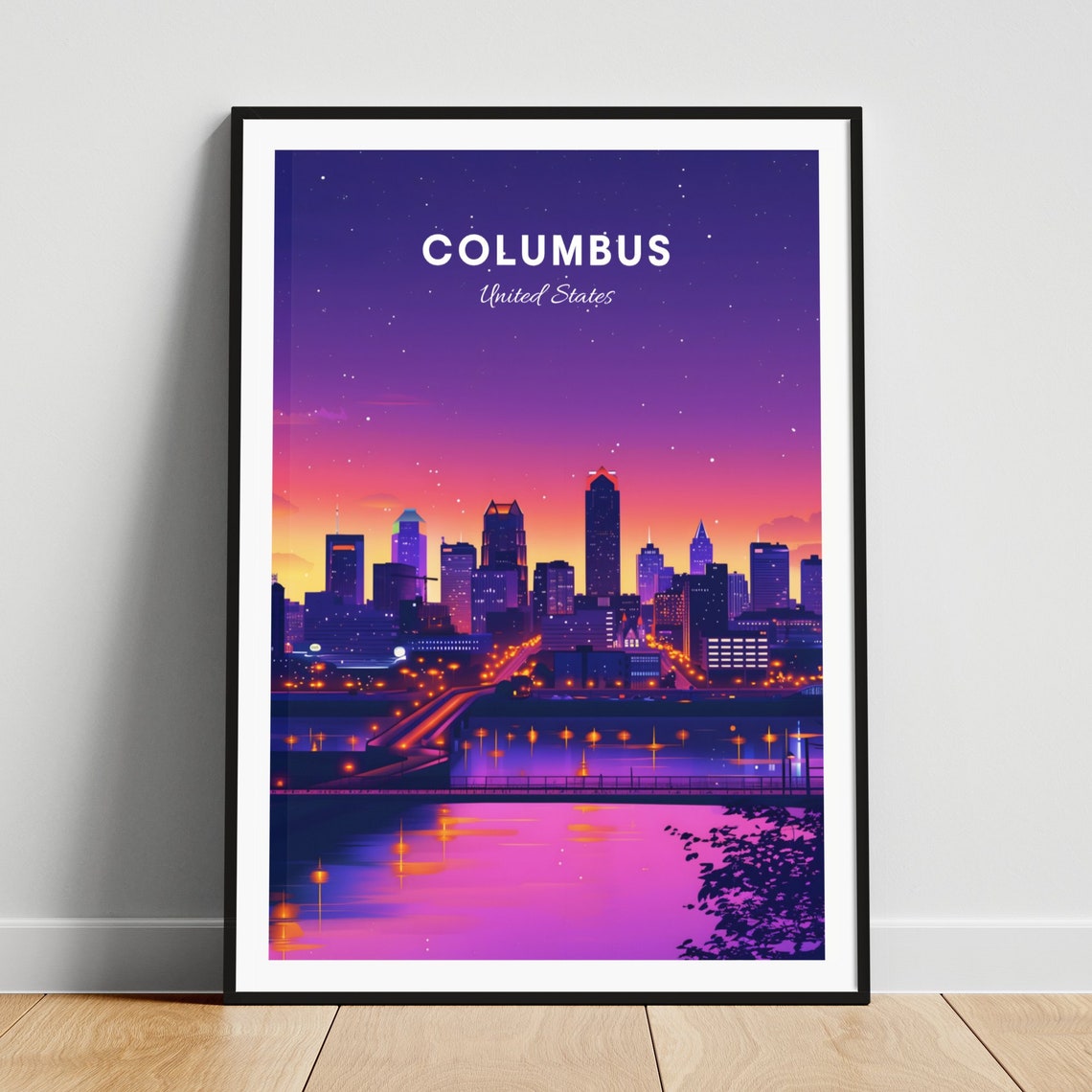 Columbus Ohio Night Skyline River Lights Starry Cityscape Poster