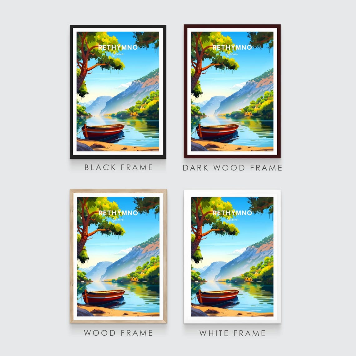 Rethymno Greece Calm Lake Red Boat Mountain View Travel Poster - Image 3