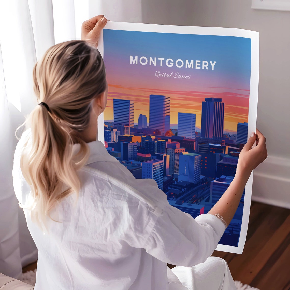 Montgomery Alabama Downtown Sunset Orange Skyline Travel Poster - Image 3