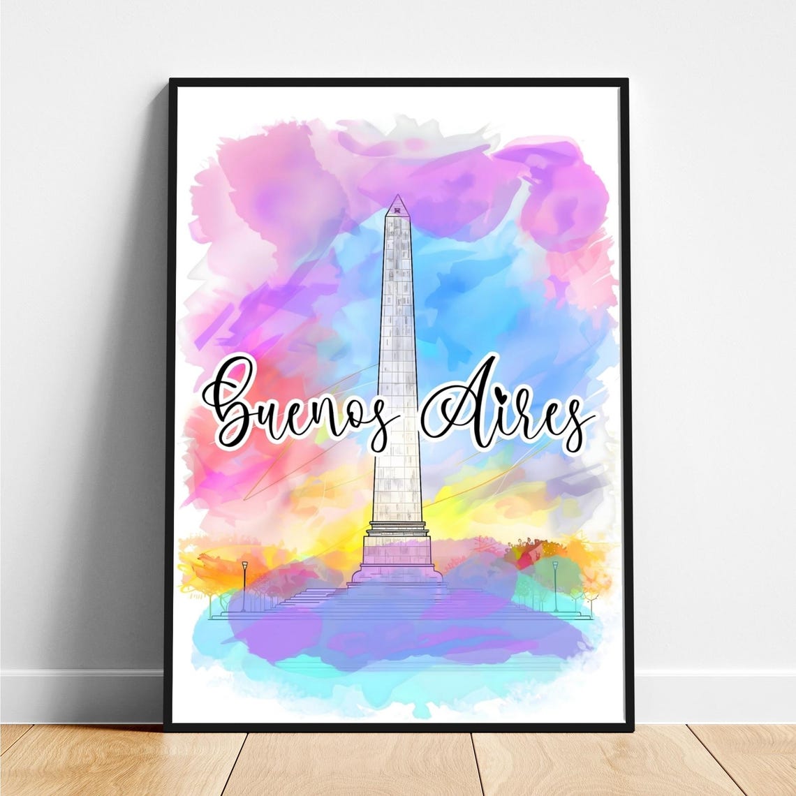 Beautiful Buenos Aires Obelisco Watercolor Travel Skyline Poster
