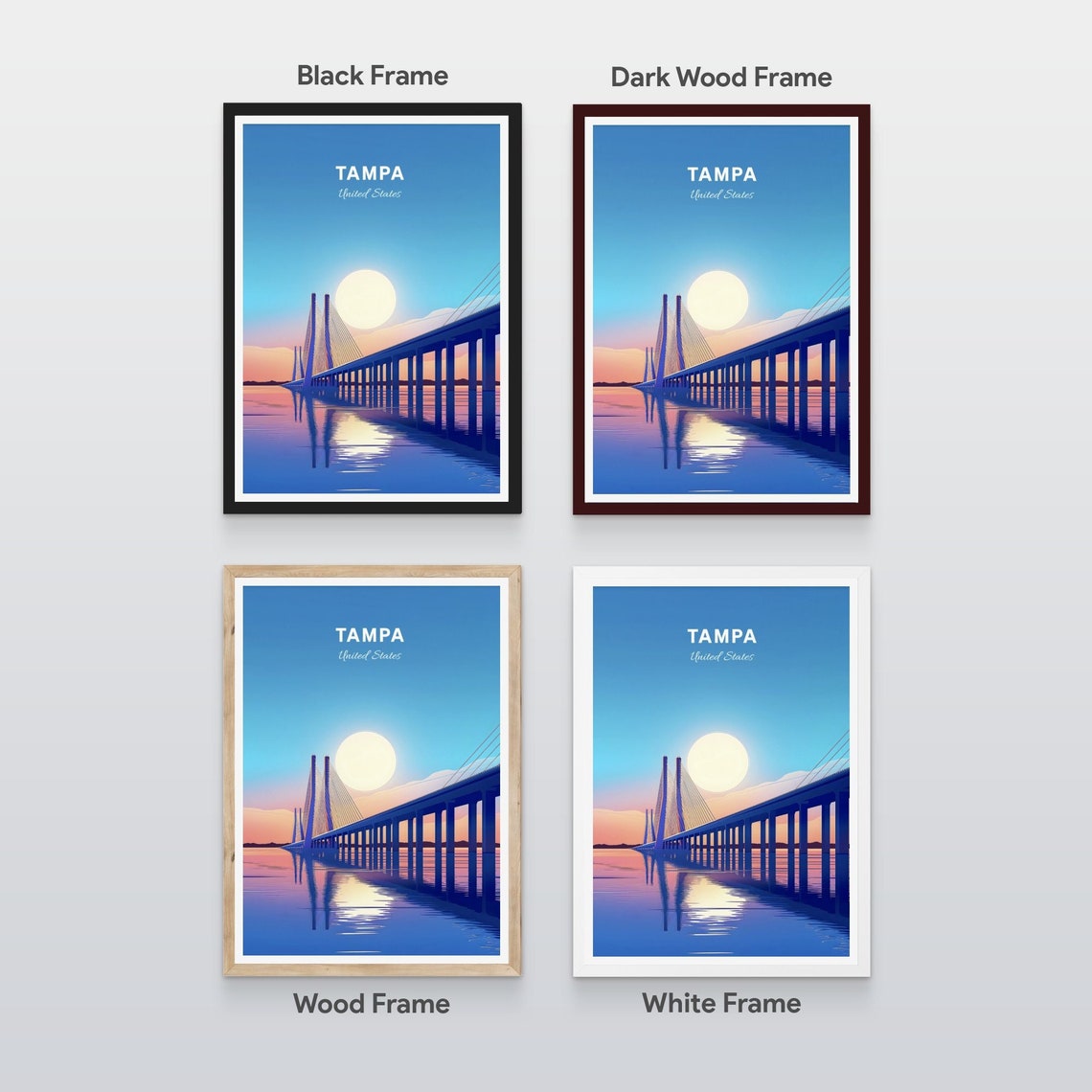 Tampa Bay Cable Bridge Sunrise Water Reflection Retro Poster - Image 2