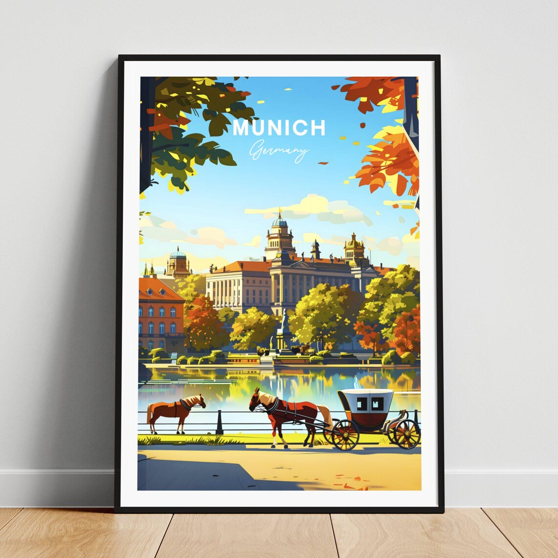 Munich Germany Palace Autumn Park Horse Carriage Travel Poster Art