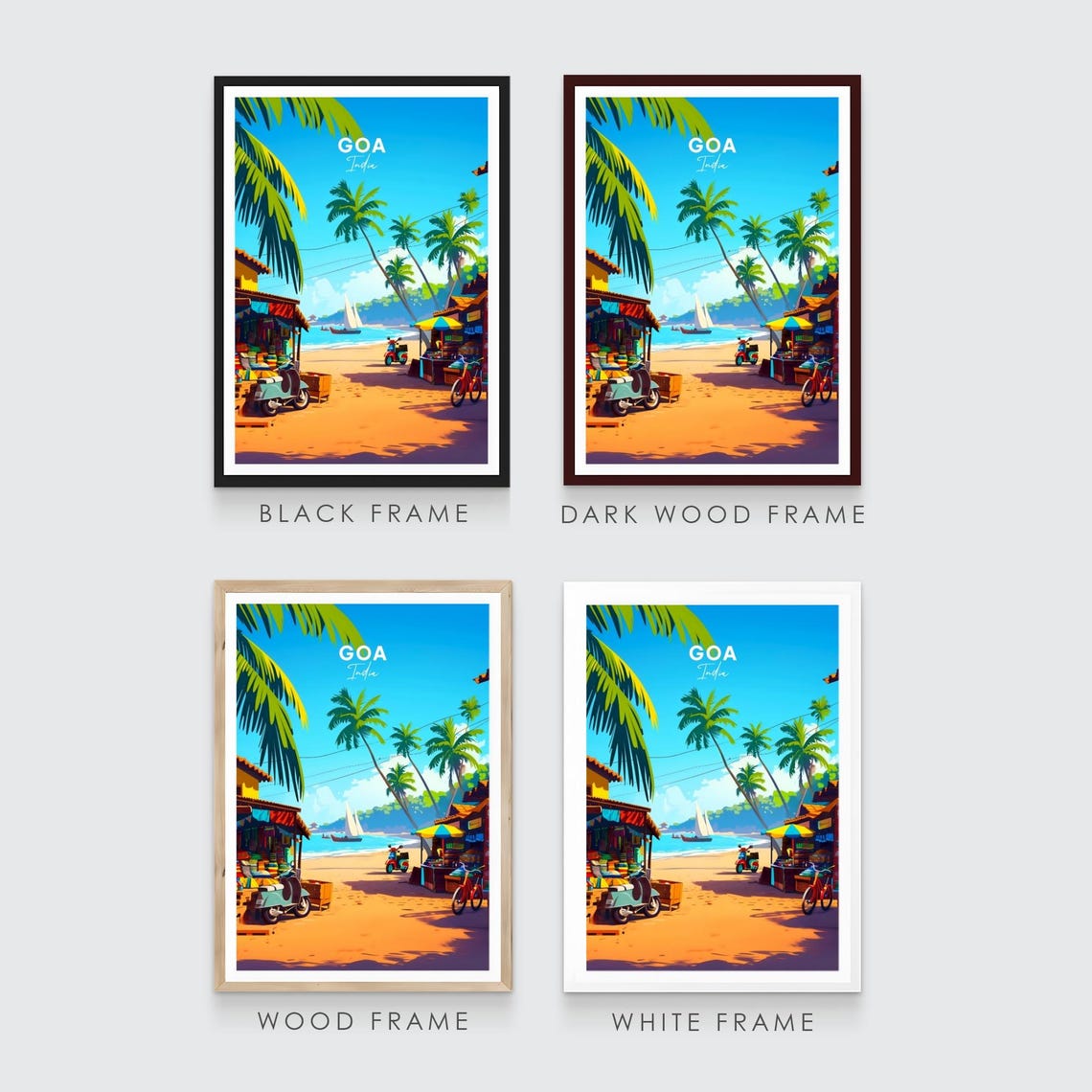 Goa India Sandy Beach Path Shops Scooters Sunny Travel Poster Art - Image 3