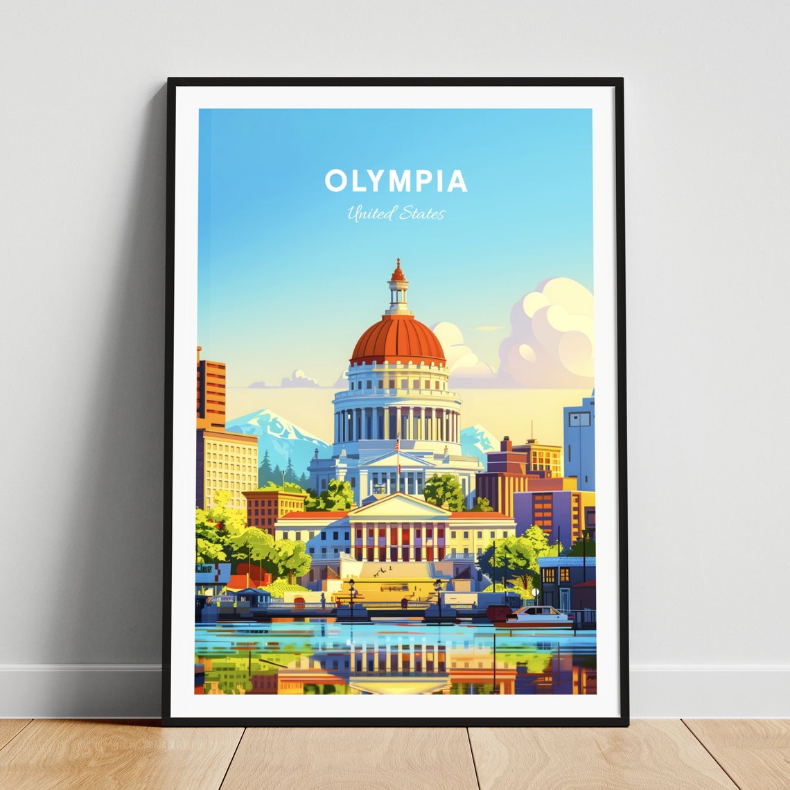 Olympia Capitol Red Dome Waterfront Reflection Mountains Travel Poster