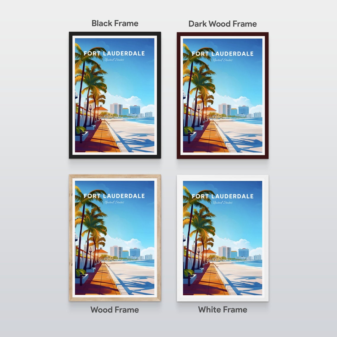 Fort Lauderdale Florida Beach Boardwalk Palm Trees Travel Poster - Image 2