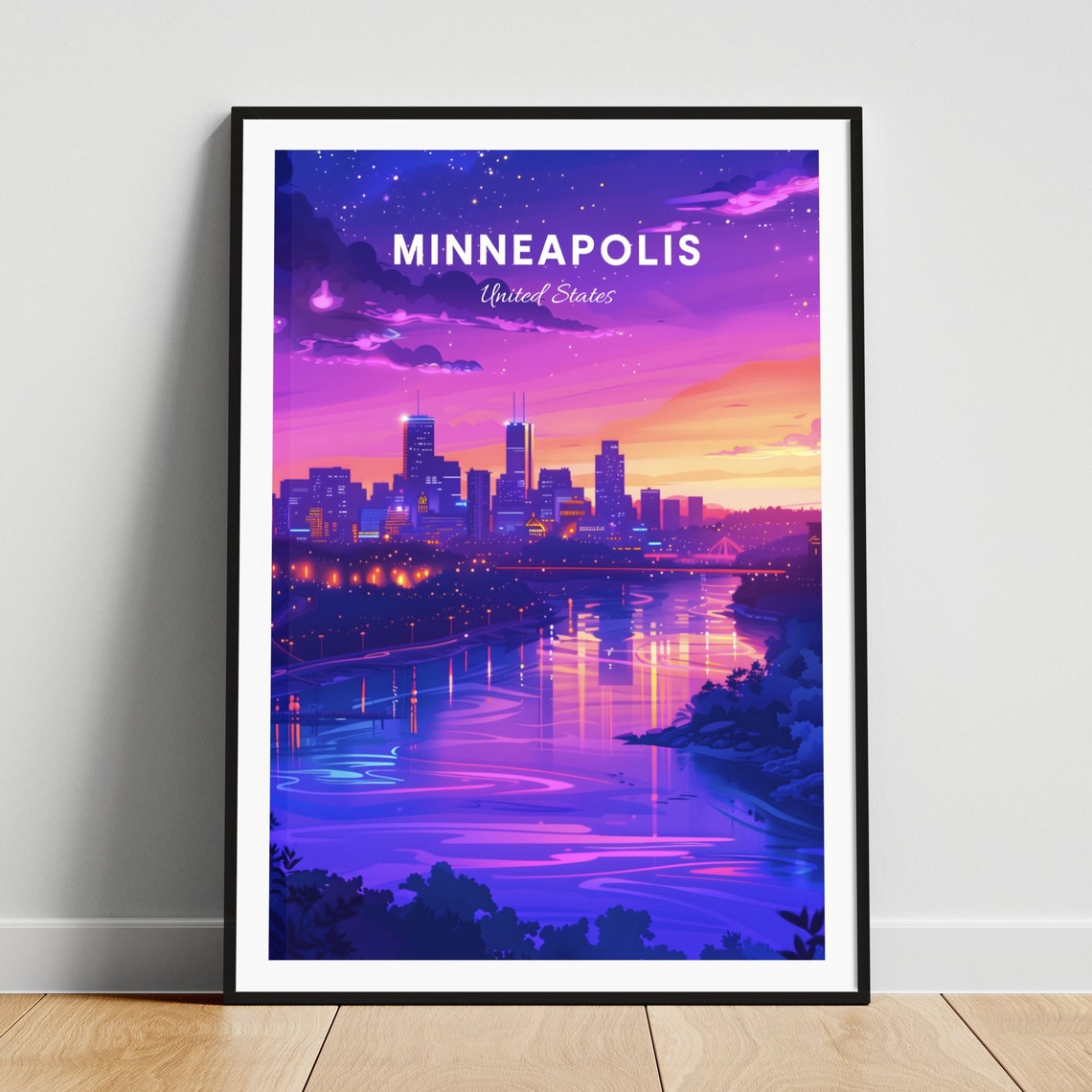 Minneapolis Minnesota Night Skyline River Lights Glow Travel Poster