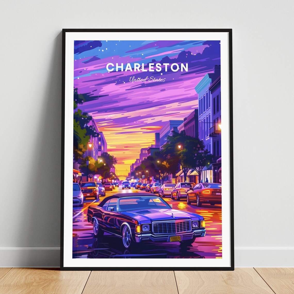 Charleston Neon Night Street Classic Car Purple Sky Travel Poster