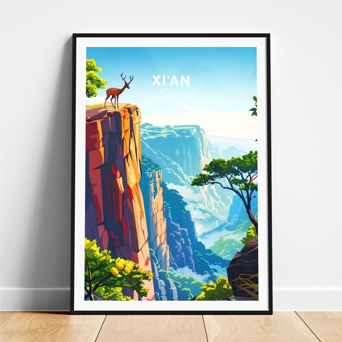 Xian China Cliff Top Deer Misty Mountain Vista Scenic Wildlife Poster