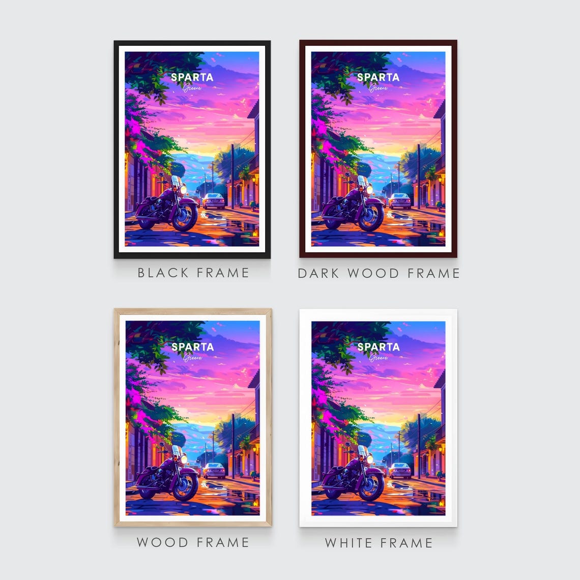 Sparta Greece Motorcycle Sunset Street Night Travel Art Poster - Image 3