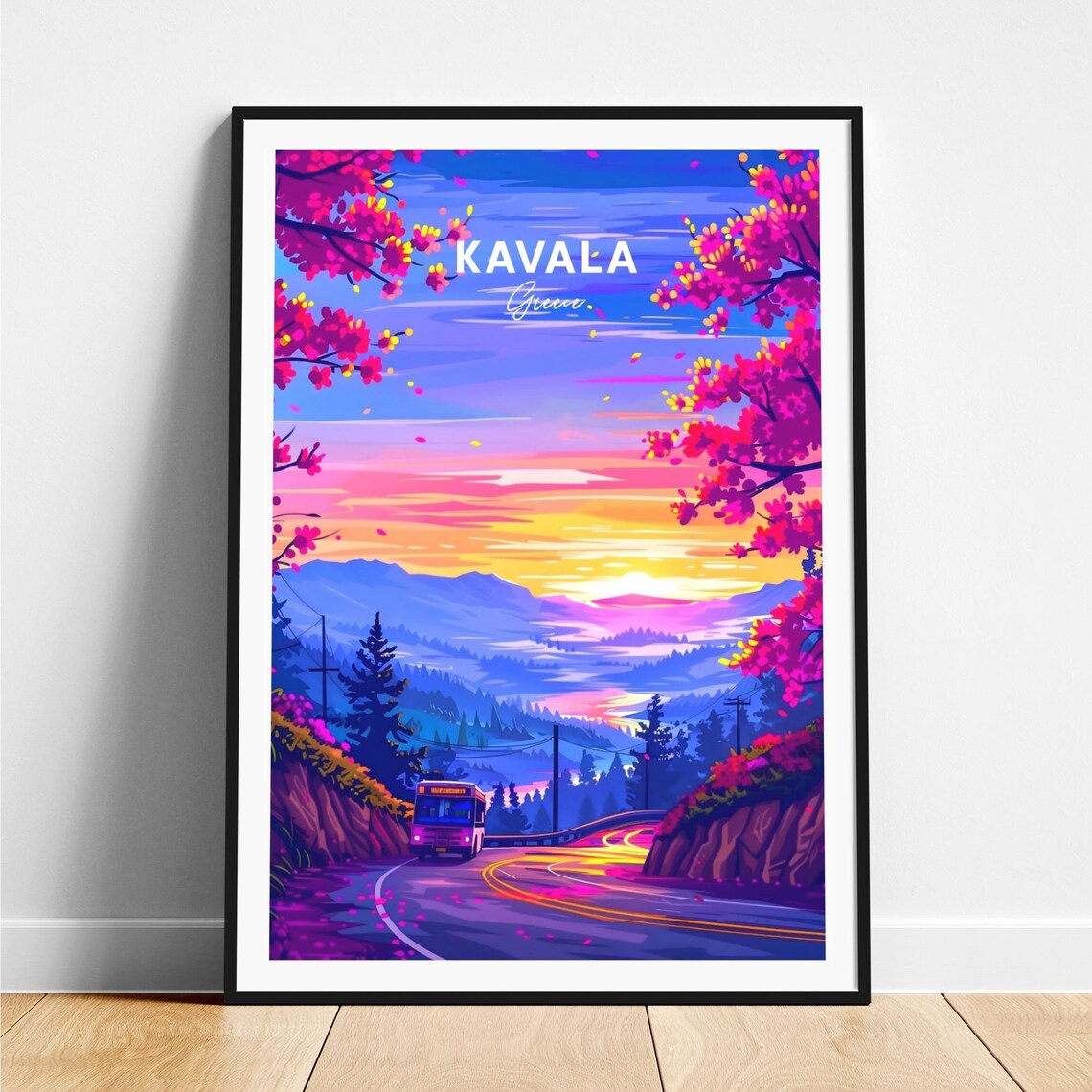 Kavala Greece Sunset Mountain Road Bus Pink Blossom Travel Poster