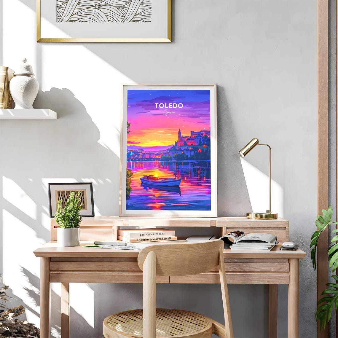 Toledo Spain Old City Sunset River Pink Sky Silhouette Boat Poster - Image 4