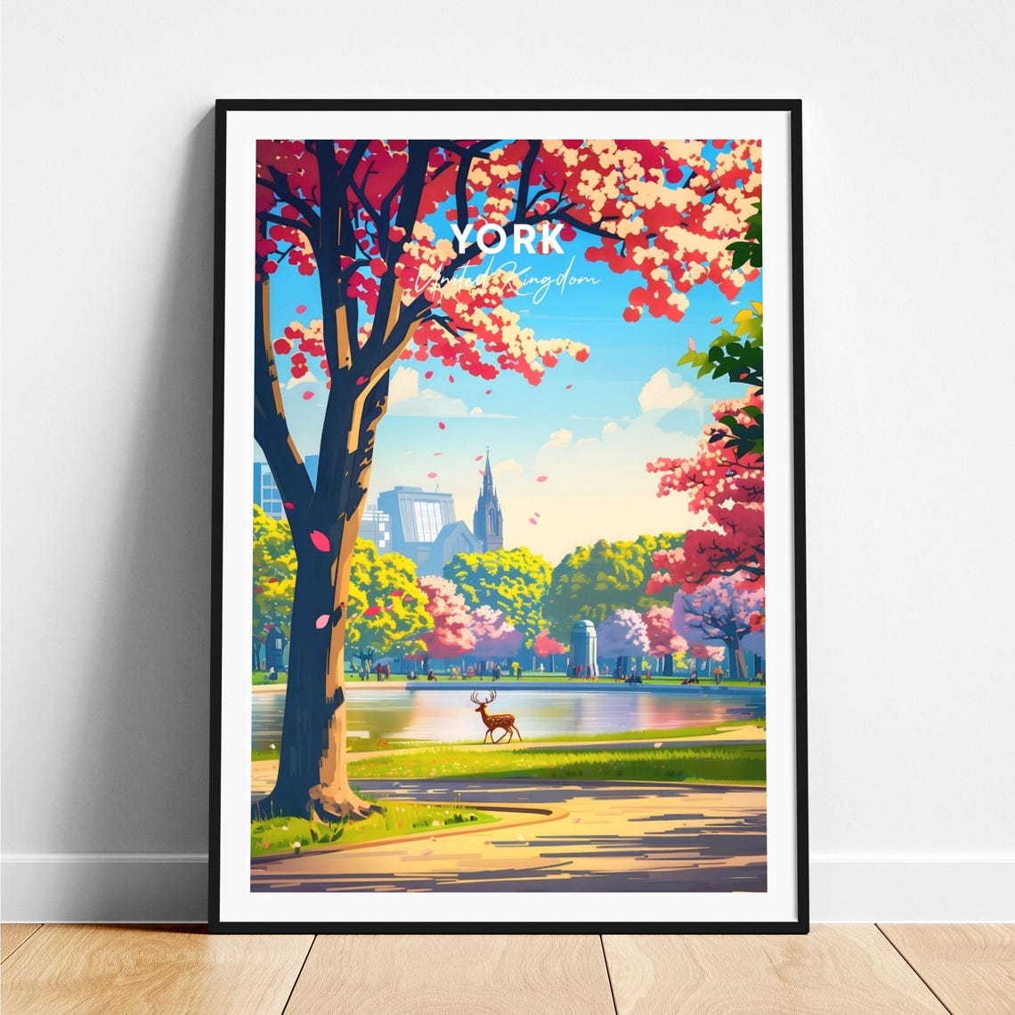 York Park Blossom Trees Lake Deer Skyline Spring Travel Poster