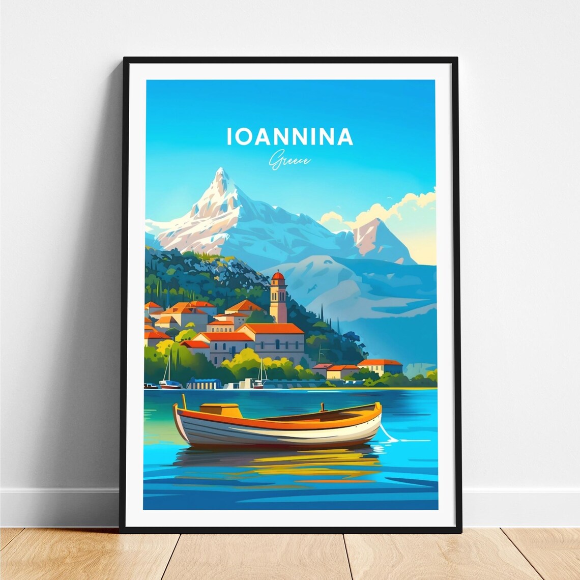 Ioannina Greece Snow Mountain Village Rowboat Travel Art Poster
