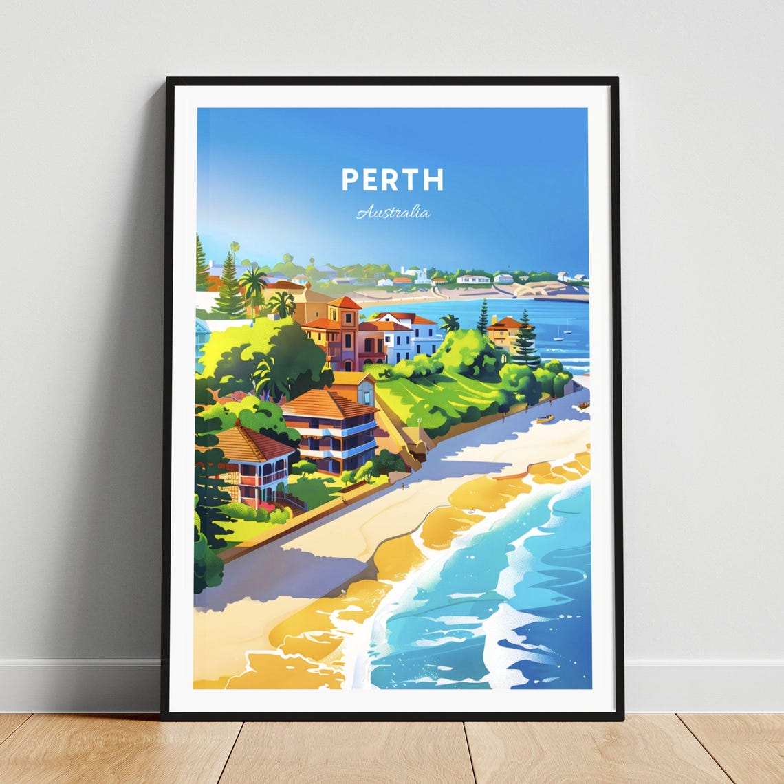 Perth Australia Beachside Suburb with Palm Trees Travel Poster