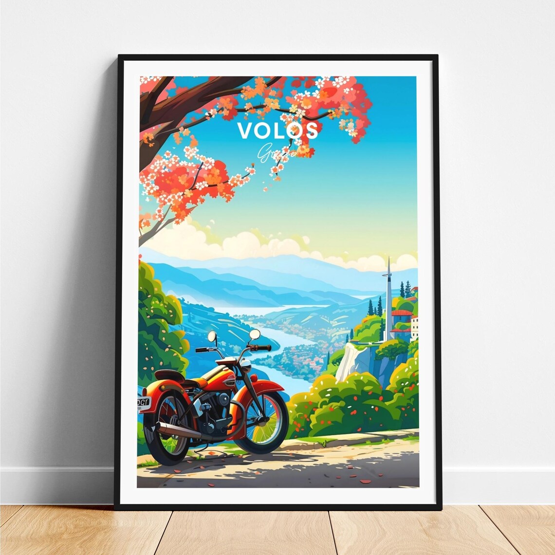 Volos Greece Vintage Motorcycle Coastal View Travel Art Poster