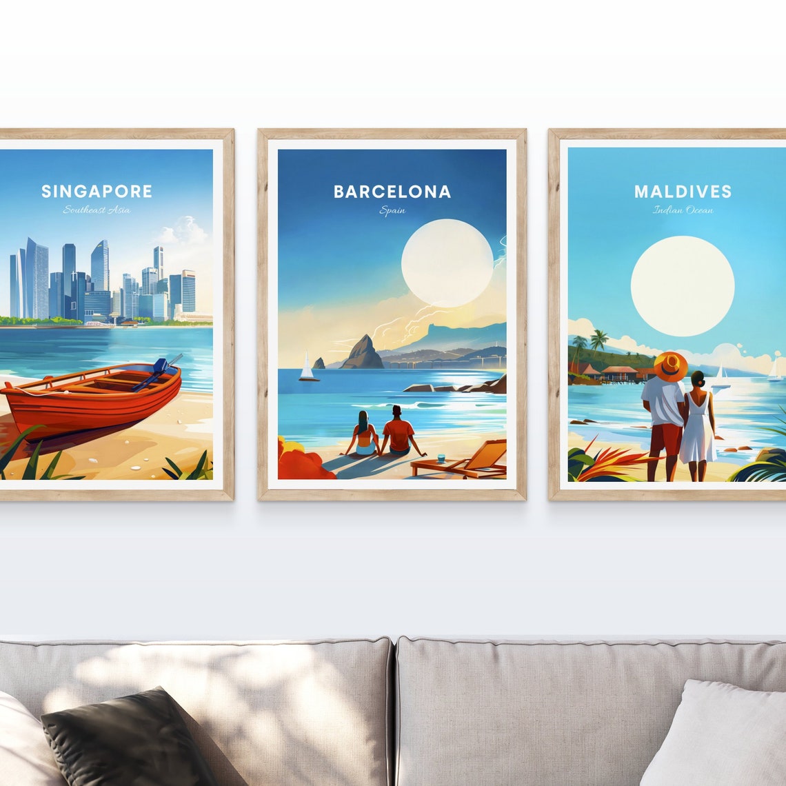 Barcelona Spain Couple Watching Sunset Beach Sail Travel Poster - Image 4
