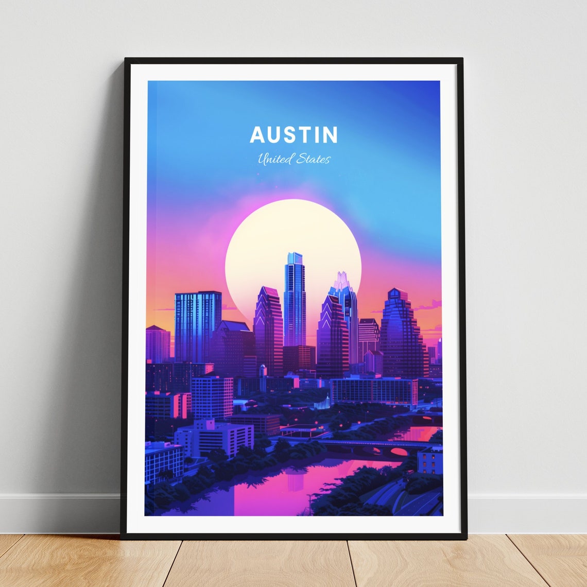Austin Sunset Skyline with a Full Moon Over the River Poster