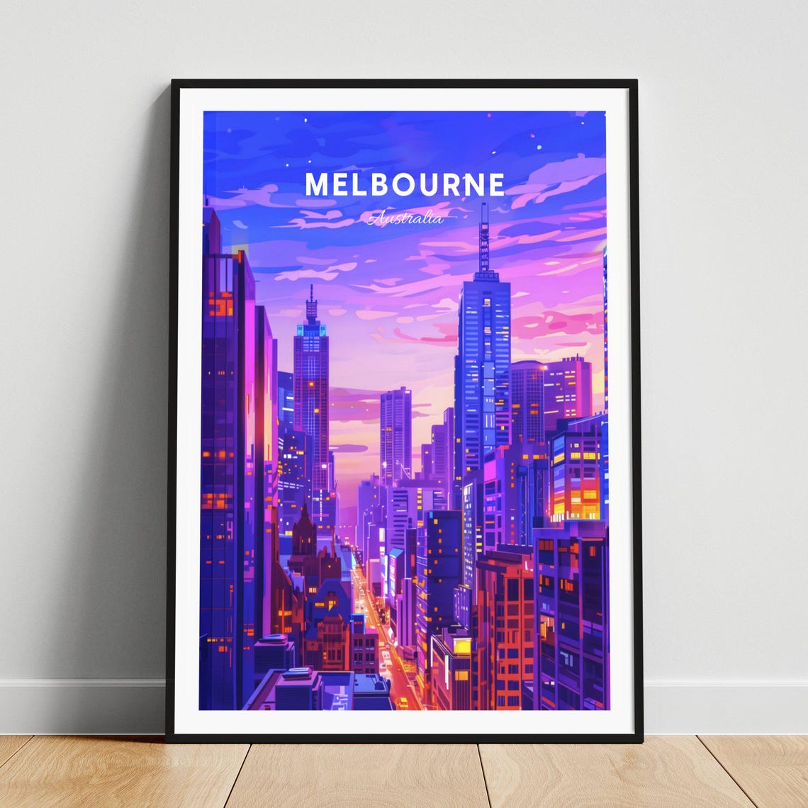 Melbourne Australia City Streets Dusk Neon Lights Night Poster