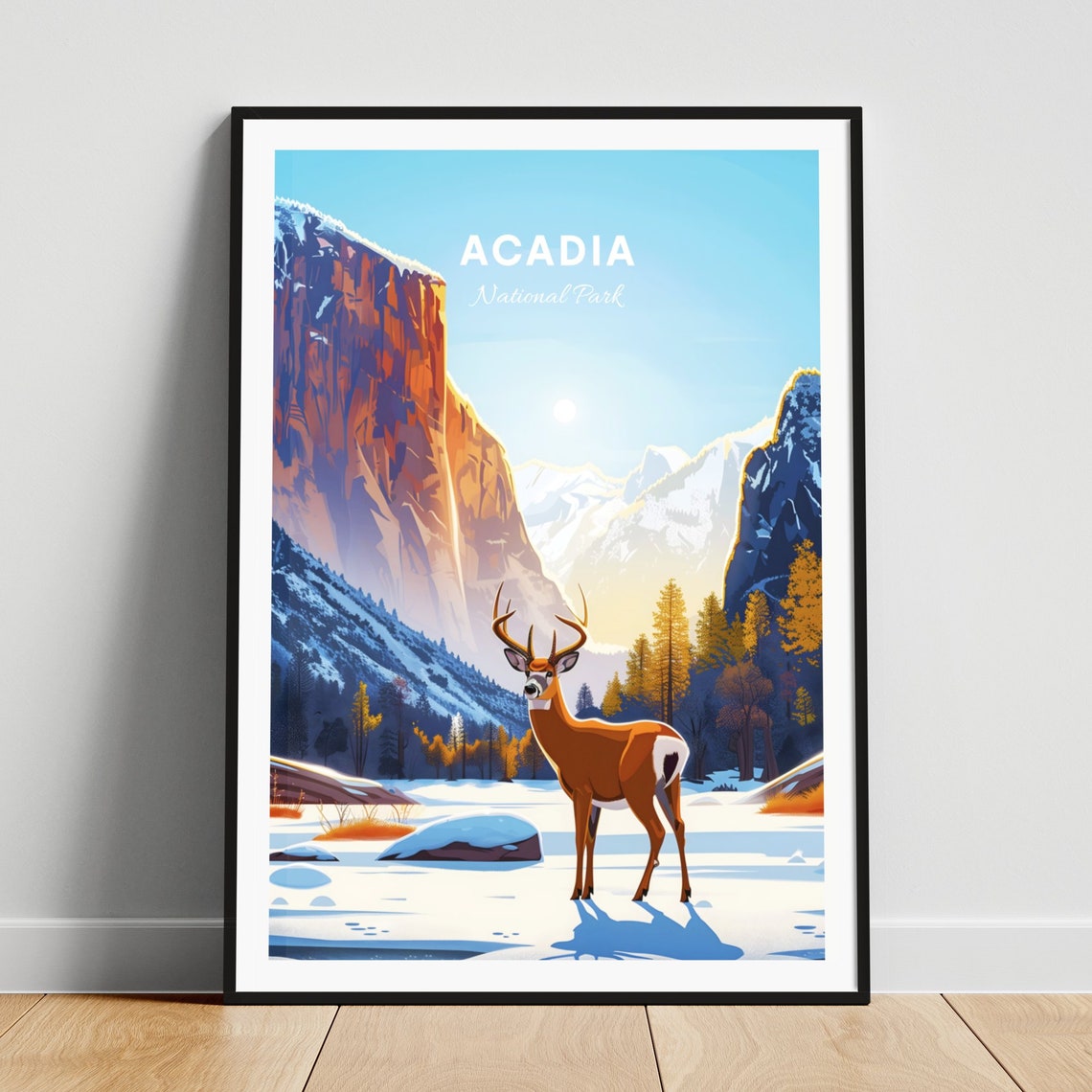 Acadia National Park Snowy Valley Deer Sunrise Mountains Travel Poster