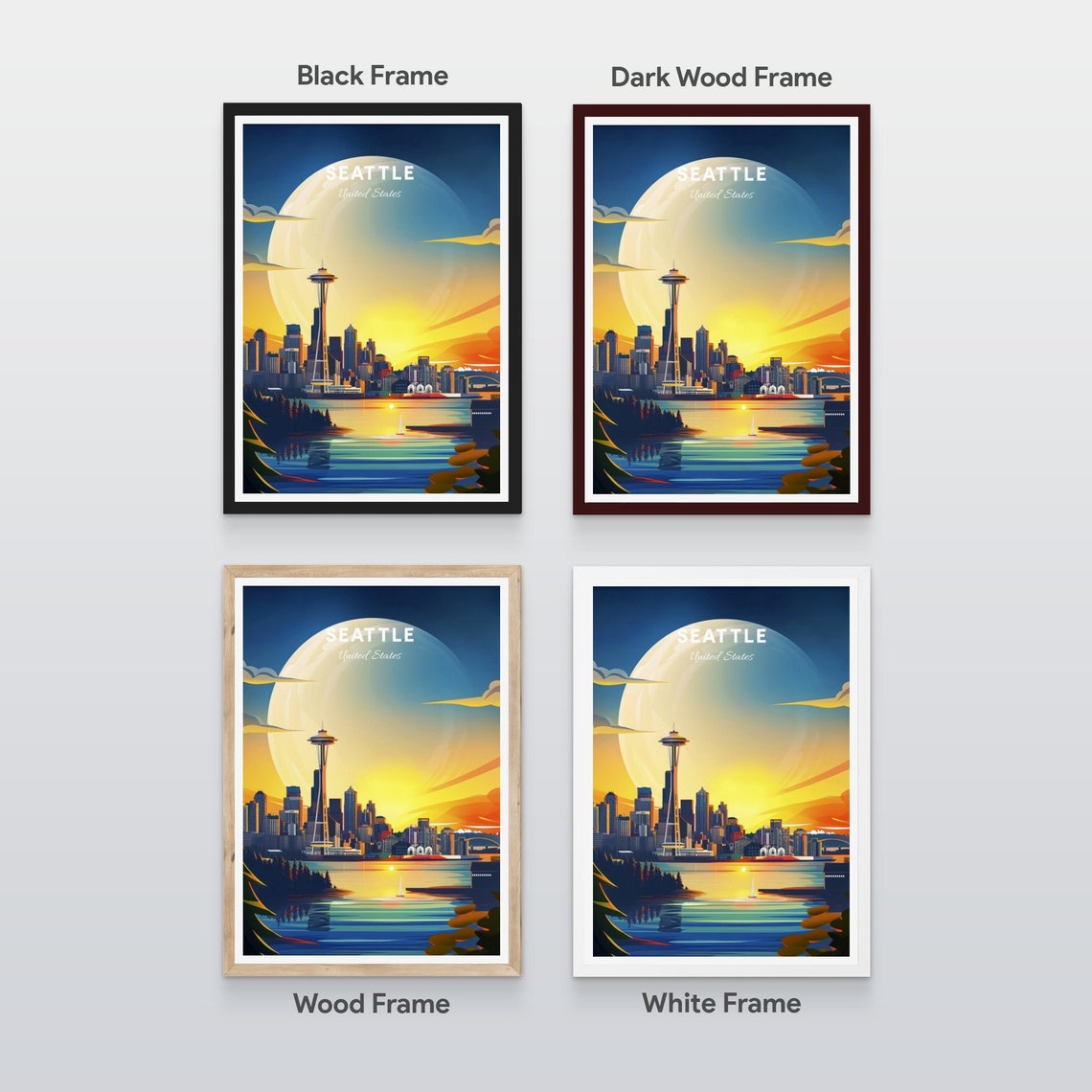 Seattle Washington Giant Moon Space Needle Sailboat Bay Travel Poster - Image 2