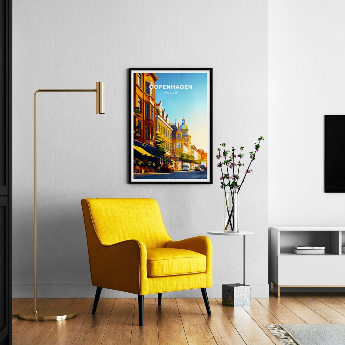 Copenhagen Denmark Sunny Street Ochre Buildings Cupola Travel Poster - Image 3