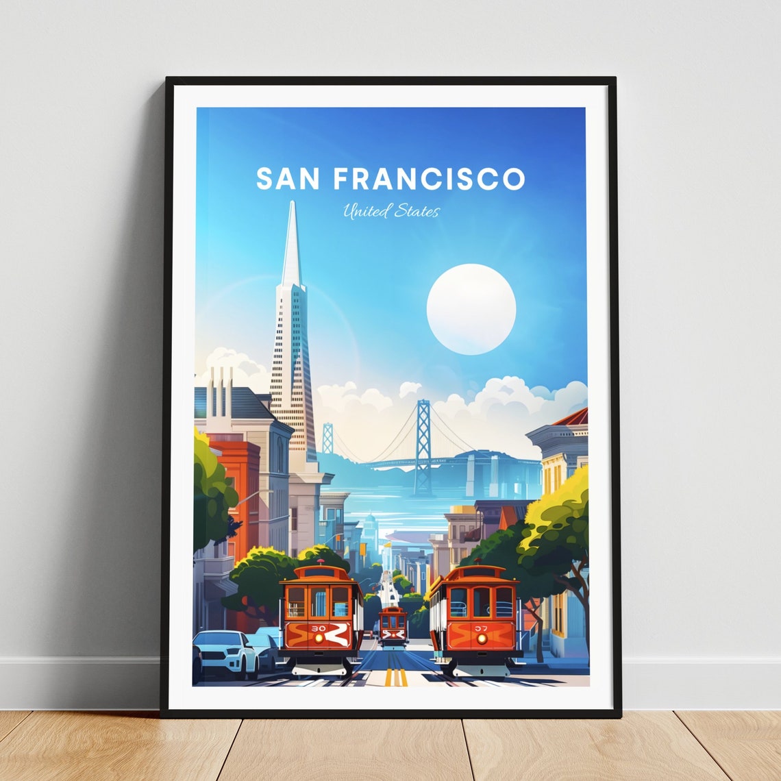 San Francisco Cable Cars Climbing the Hill with Bay Bridge Poster