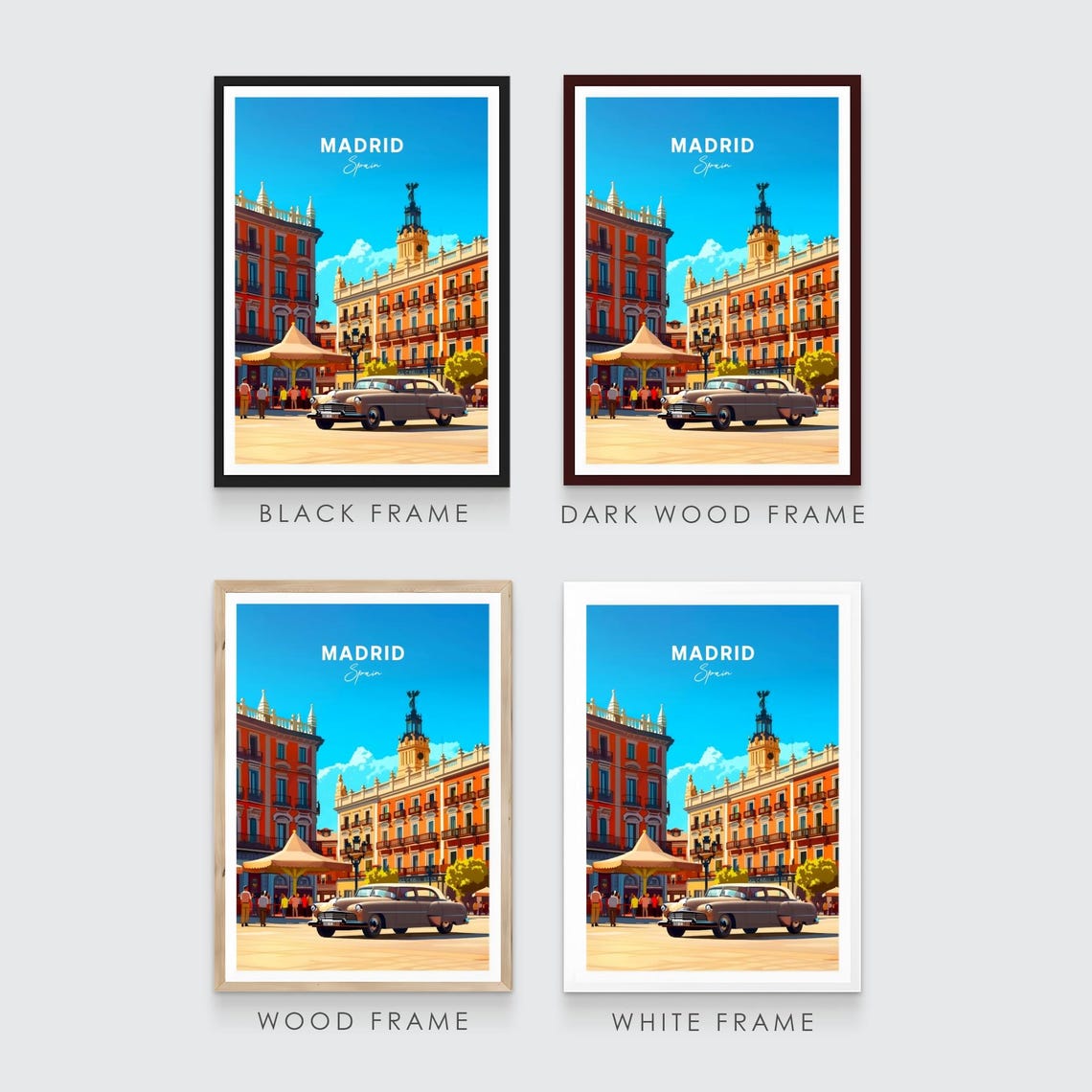 Madrid Spain Sunny Historic Square Clock Tower Classic Car Poster - Image 3