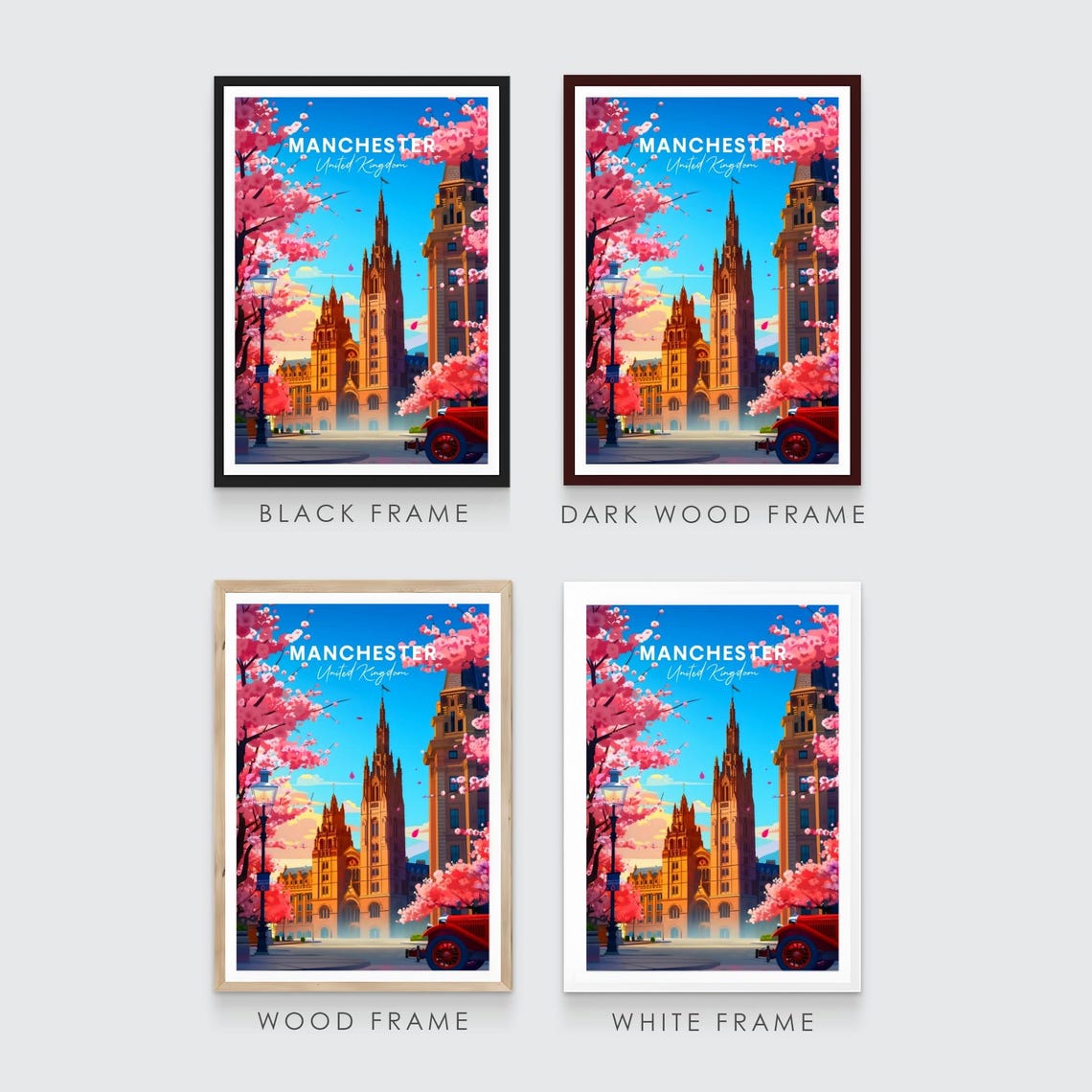 Manchester Gothic Hall Pink Blossom Vintage Car Spring Travel Poster - Image 3