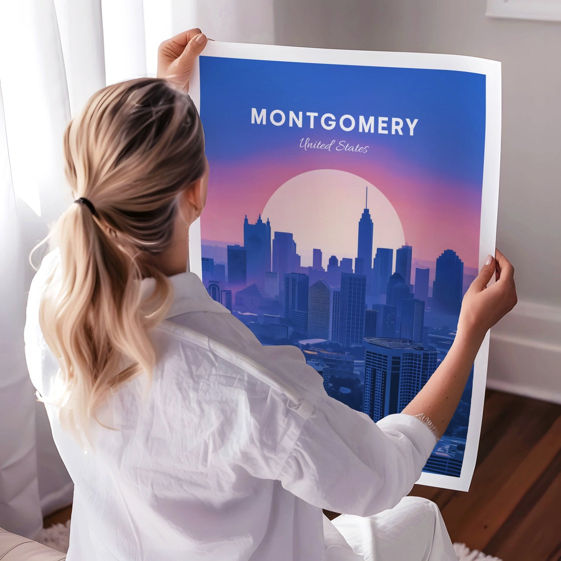 Montgomery Alabama Skyline Sunset Pink Sky City Travel Poster - Image 3