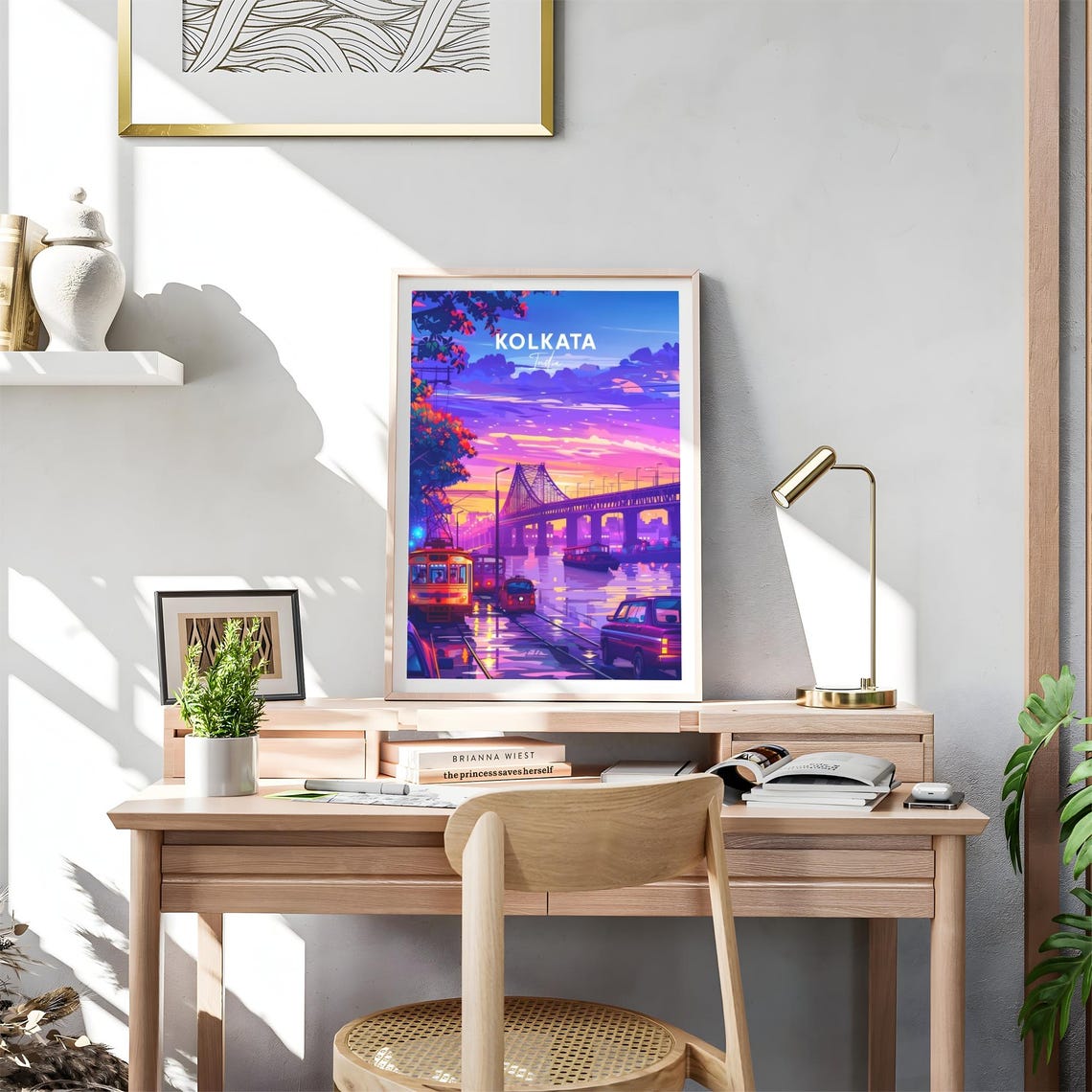 Kolkata India Golden Sunset Bridge Trams River Travel Poster Art - Image 4