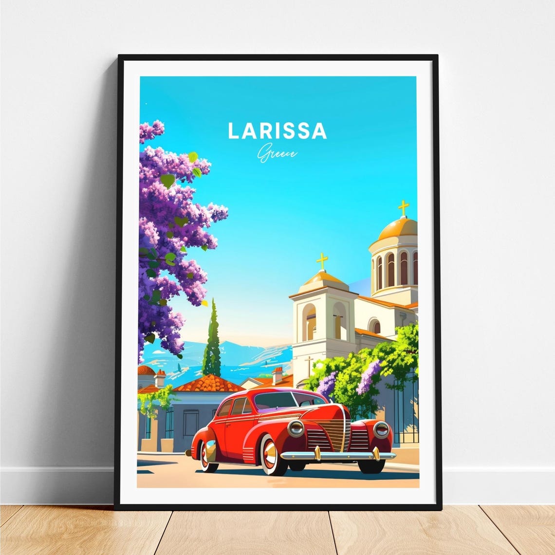 Larissa Greece Red Vintage Car by Church with Jacaranda Trees Poster