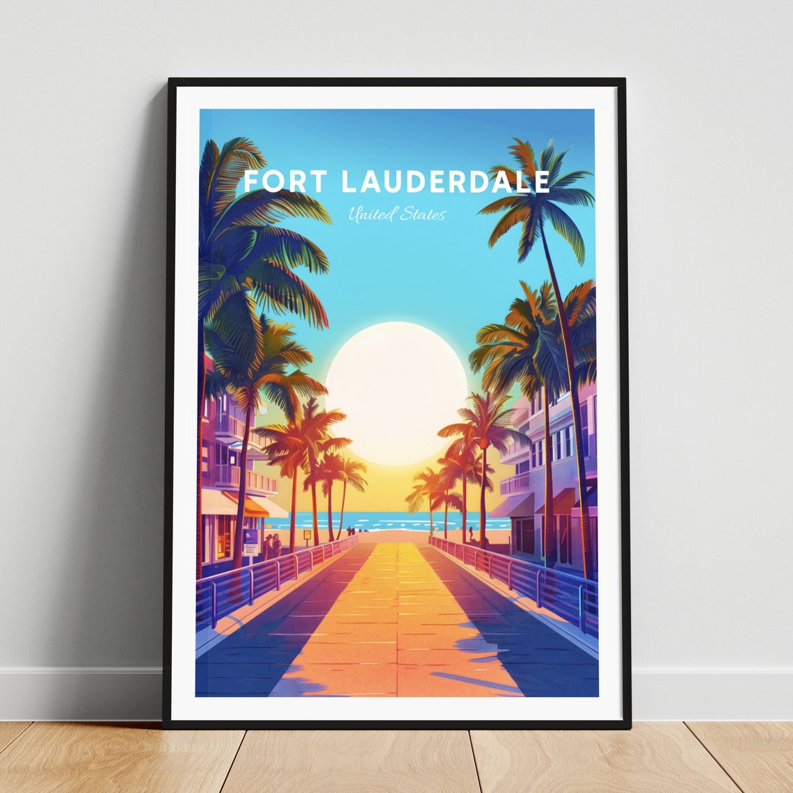Fort Lauderdale Sunset Boardwalk Beach Palm Trees Ocean Travel Poster