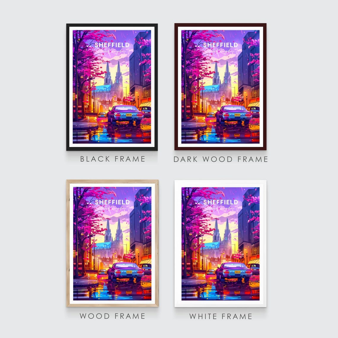 Sheffield Neon Night Street Classic Car England Travel Poster - Image 3