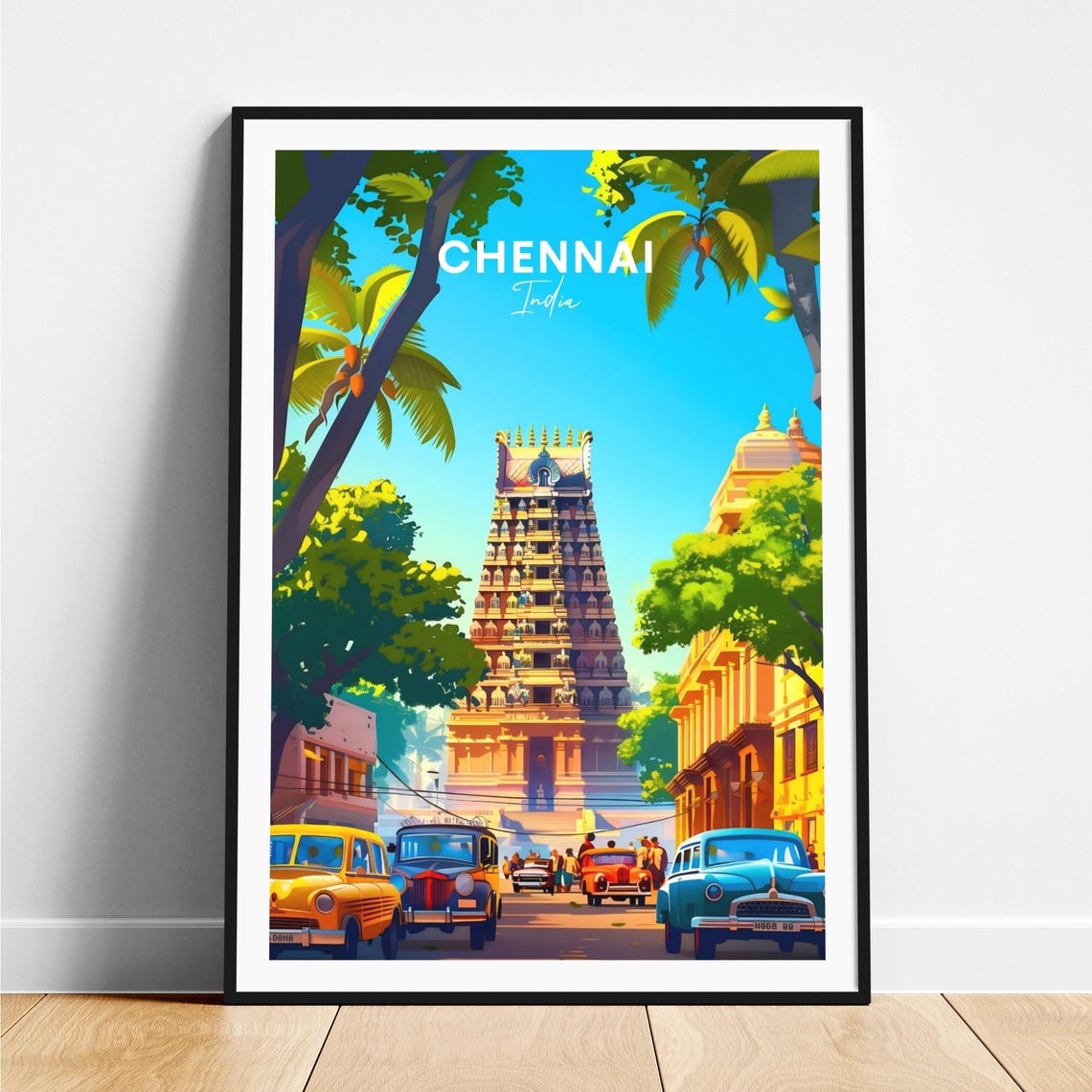 Chennai India Temple Tower Street Vintage Cars Travel Poster