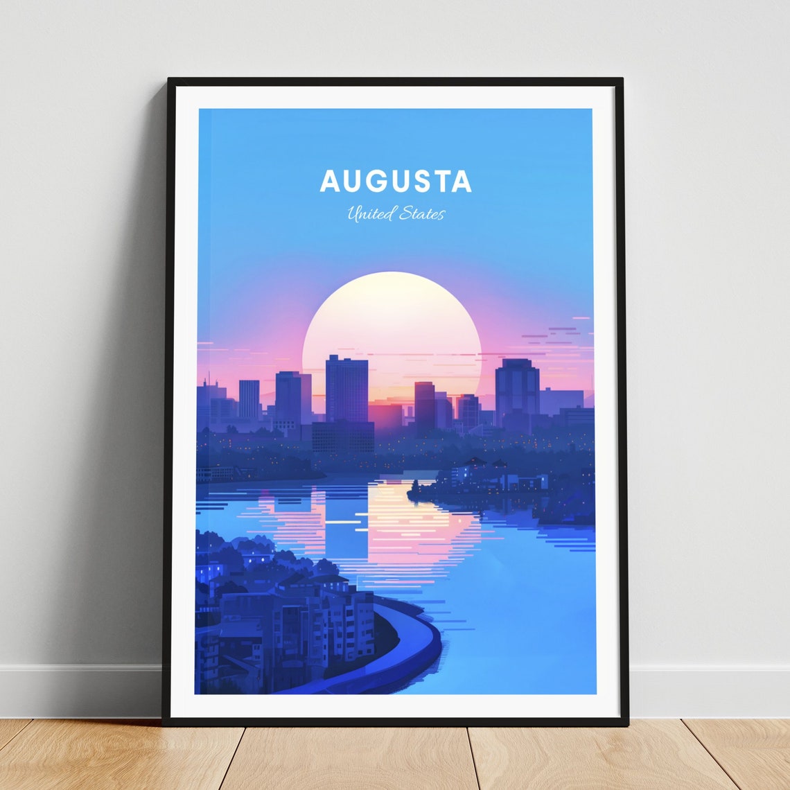 Augusta Maine Twilight Waterfront Skyline Moonlit Travel Poster