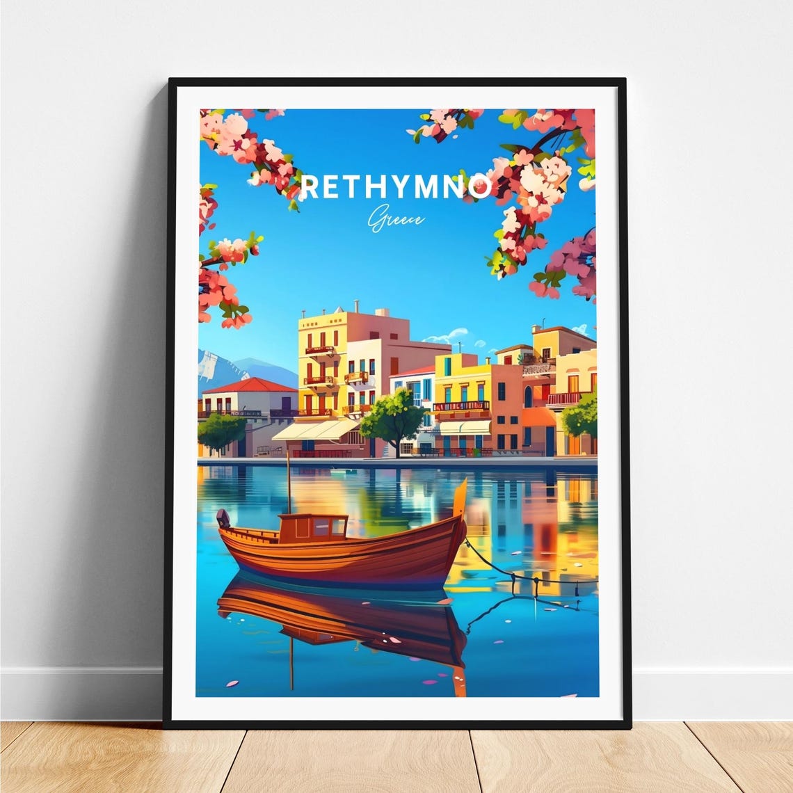 Rethymno Greece Wooden Boat Calm Harbor Reflection Travel Poster