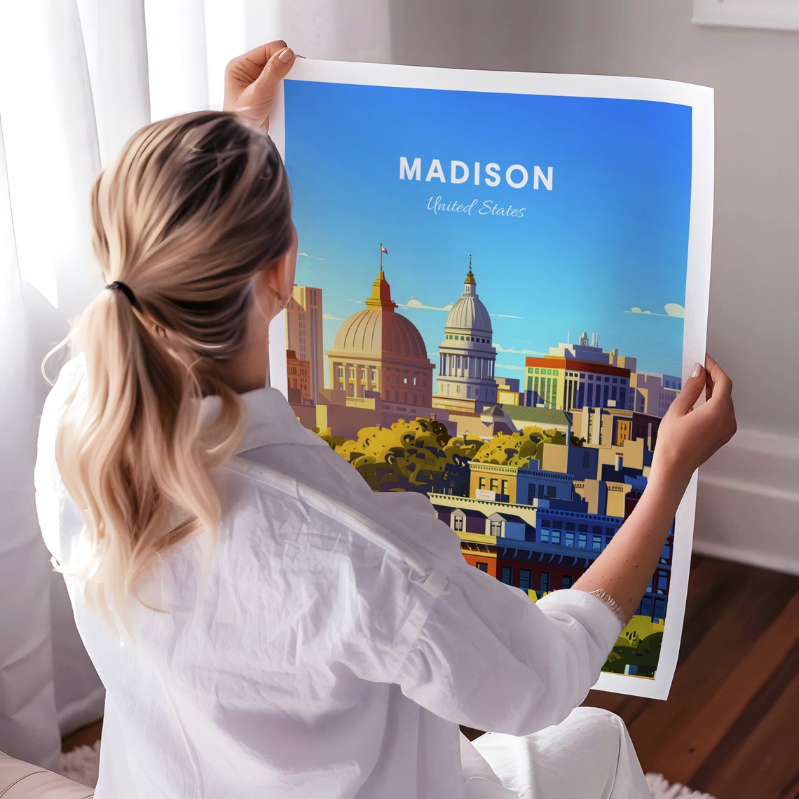 Madison Twin Domes Poster: Sunny Daytime Skyline Over Historic Blocks - Image 3