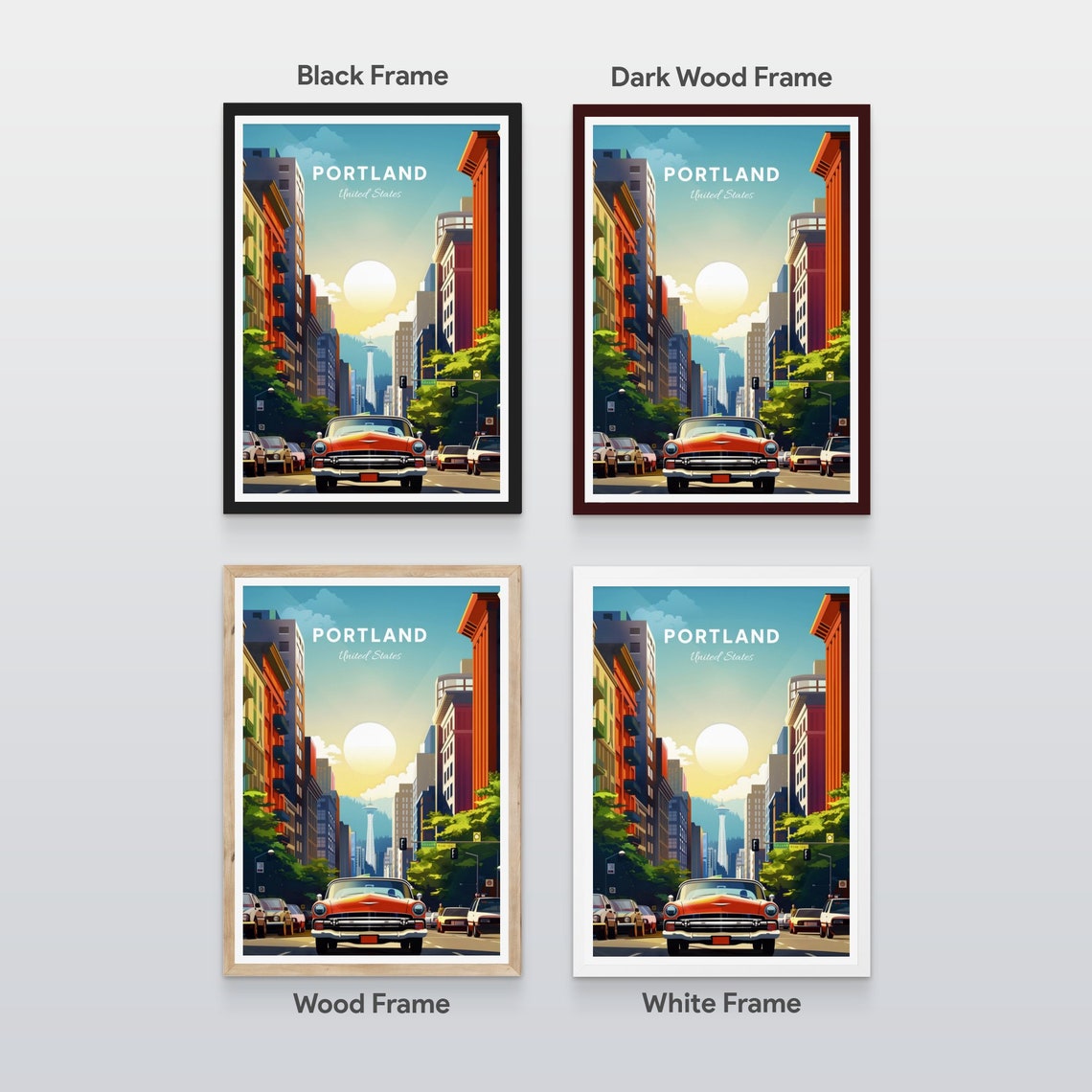 Portland Retro Street Scene with Classic Car and City Tower Poster - Image 2
