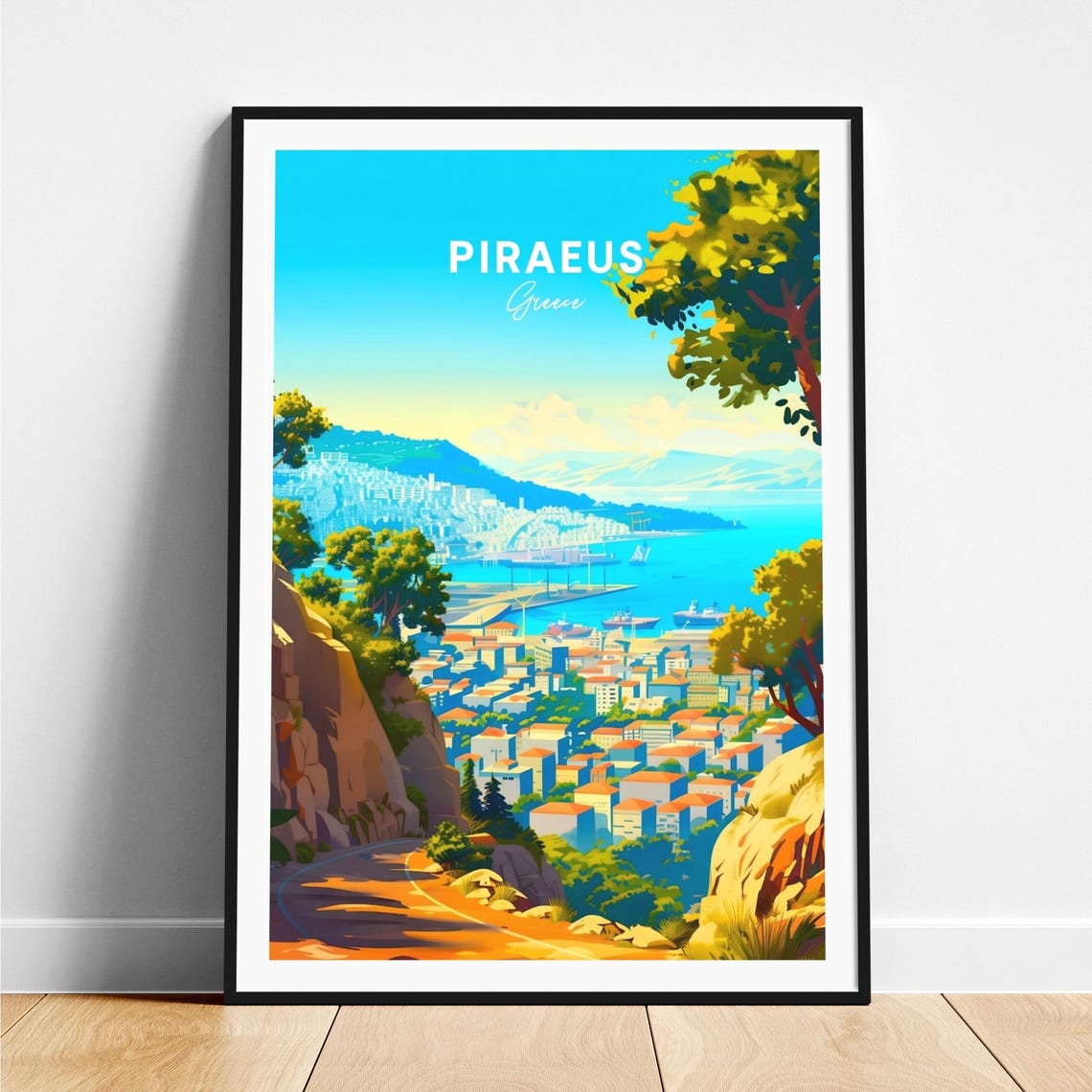 Piraeus Greece Harbor Panorama Hilltop Aegean View Travel Poster