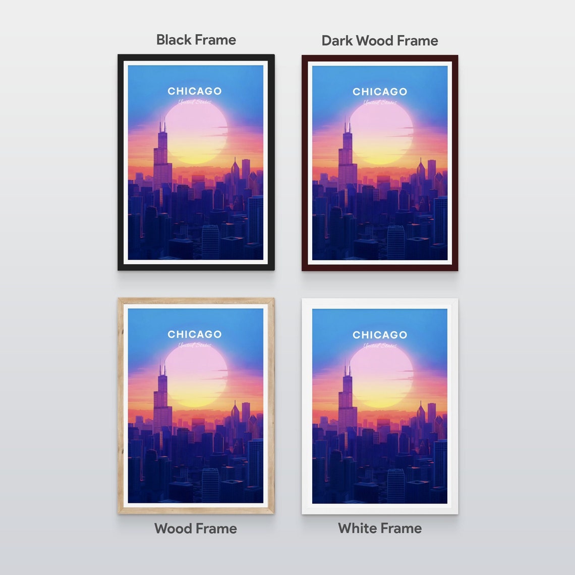 Chicago Illinois Willis Tower Sunset Skyline Skyscraper Travel Poster - Image 2