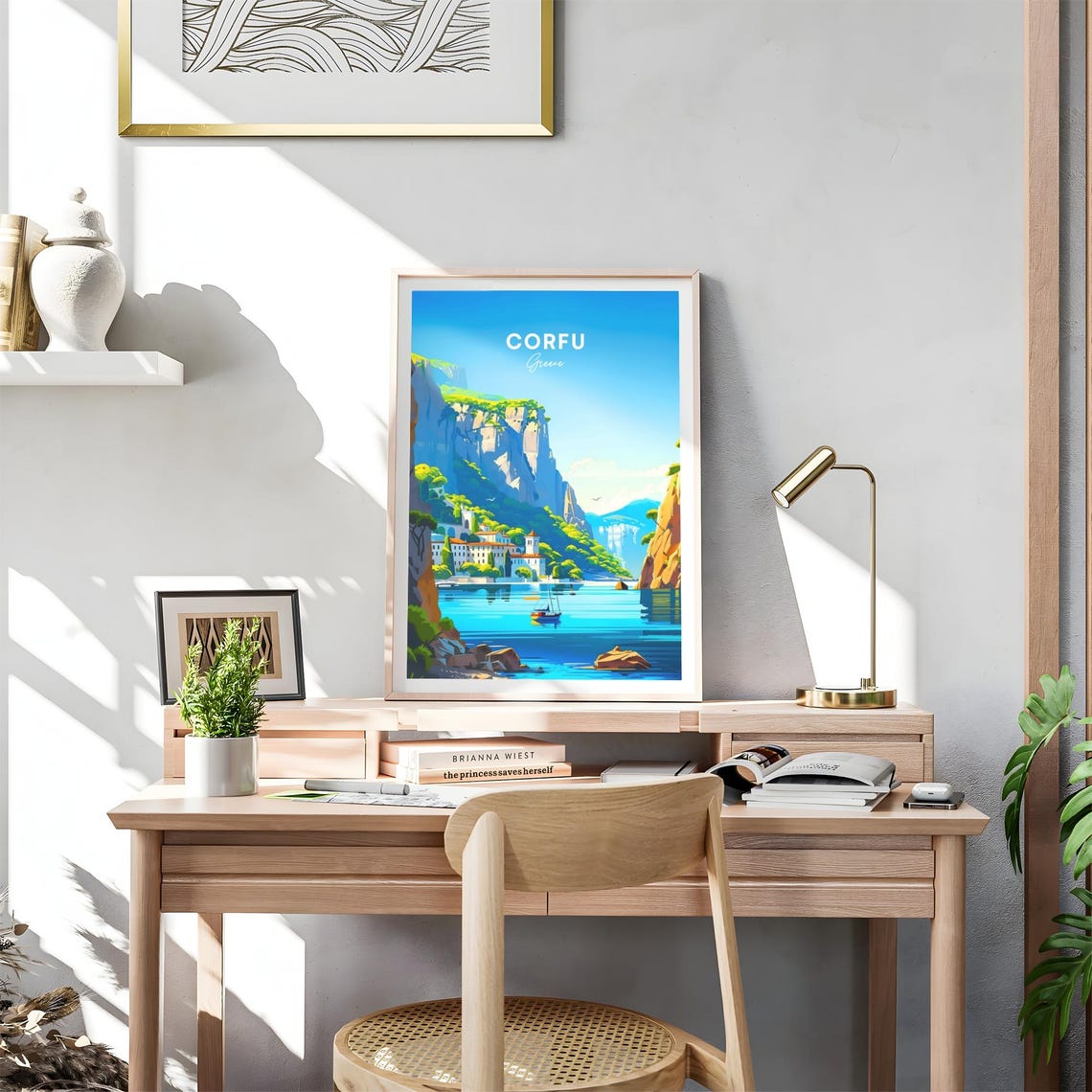 Corfu Greece Cliffside Village Turquoise Bay Sailboat Travel Poster - Image 4