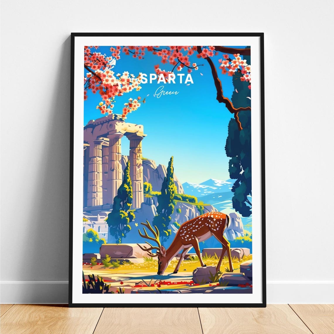 Sparta Greece Ancient Temple Ruins Grazing Deer Blossom Travel Poster