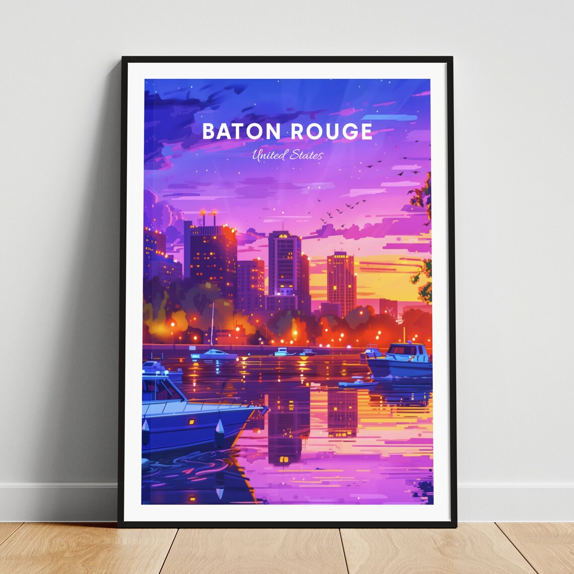 Baton Rouge Marina Dusk Neon Harbor City Lights Travel Poster