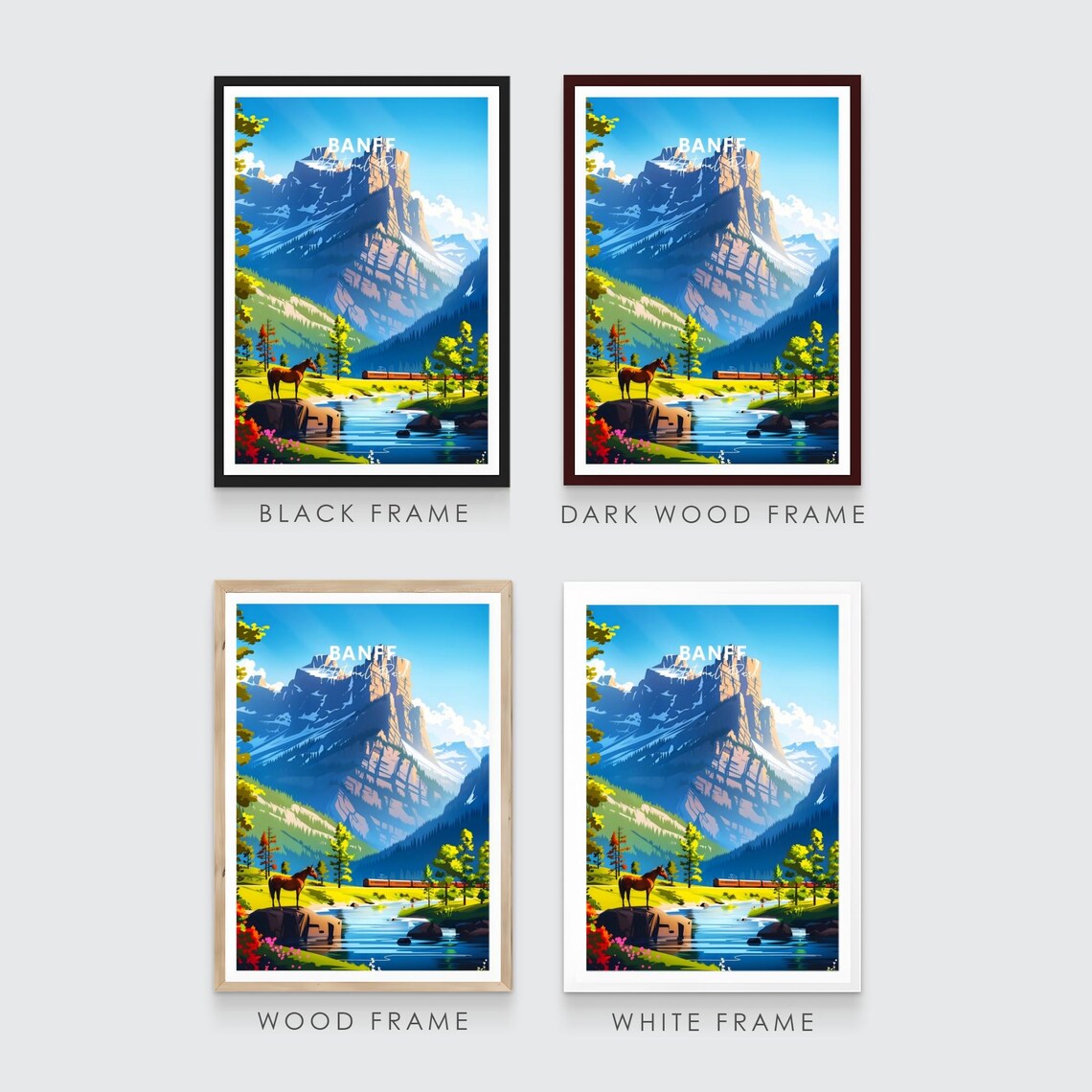 Banff National Park Mountain River Horse and Red Train Travel Poster - Image 3